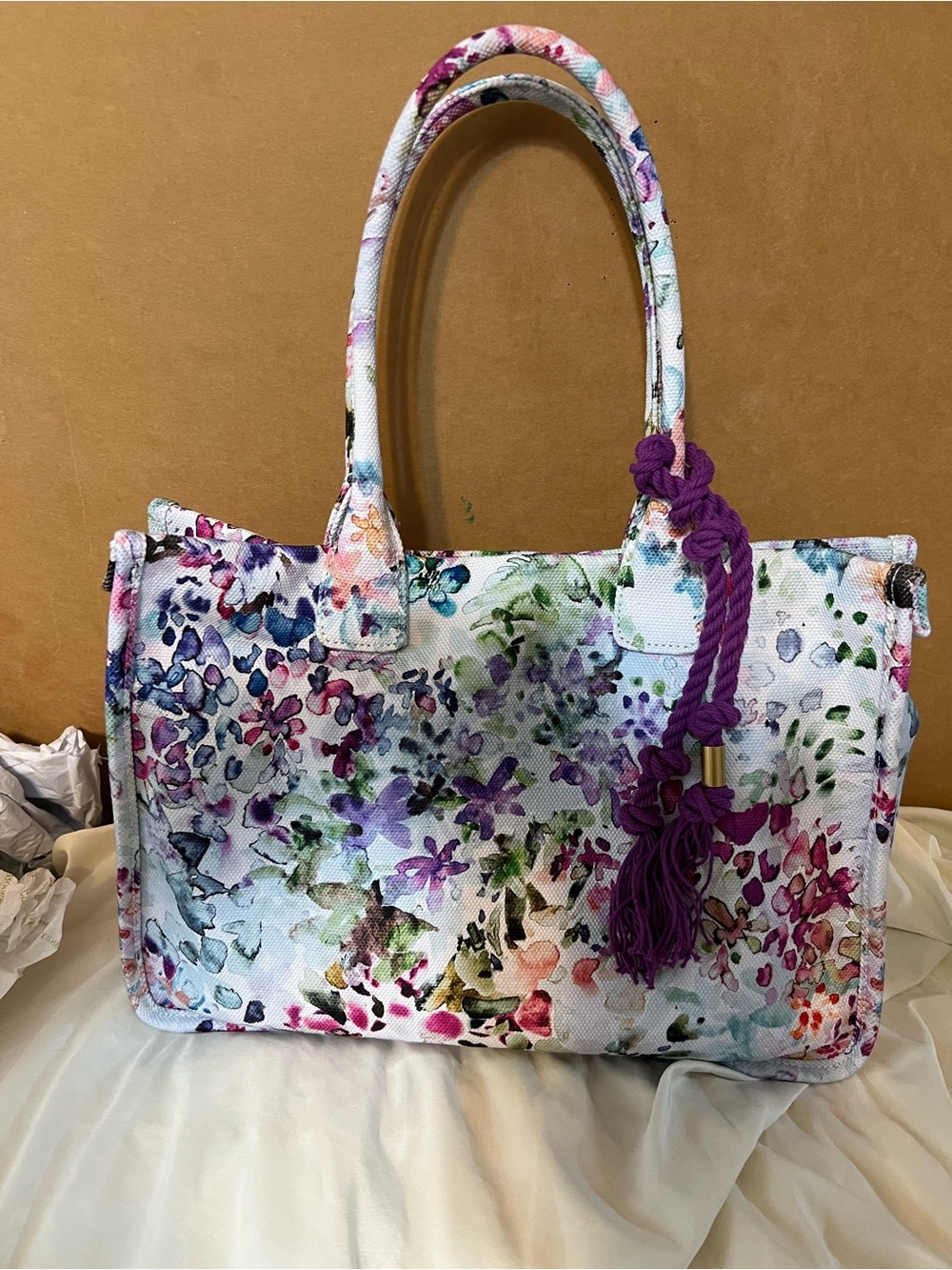 Karl Lagerfeld Multicolor Floral Tote with Purple Tassel